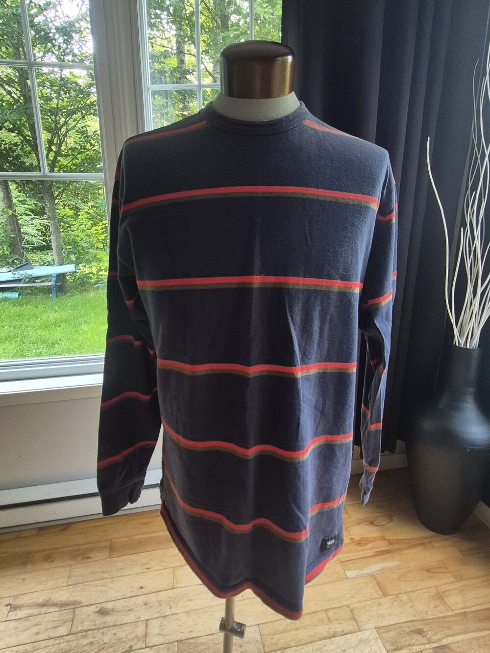 Men's Navy Crewneck Sweater with Red Stripes